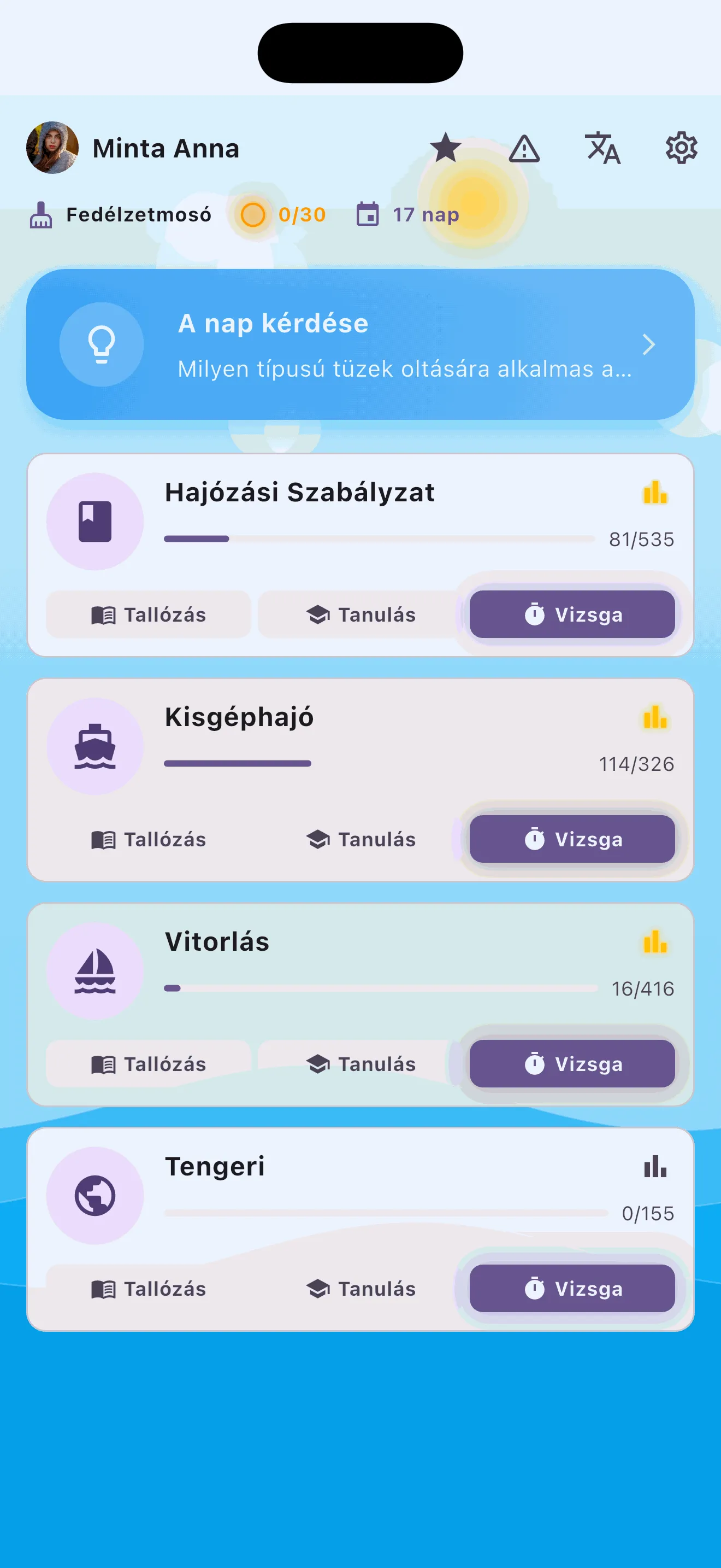 Hajóra fel! app – tanulási statisztika és fejlődéskövetés