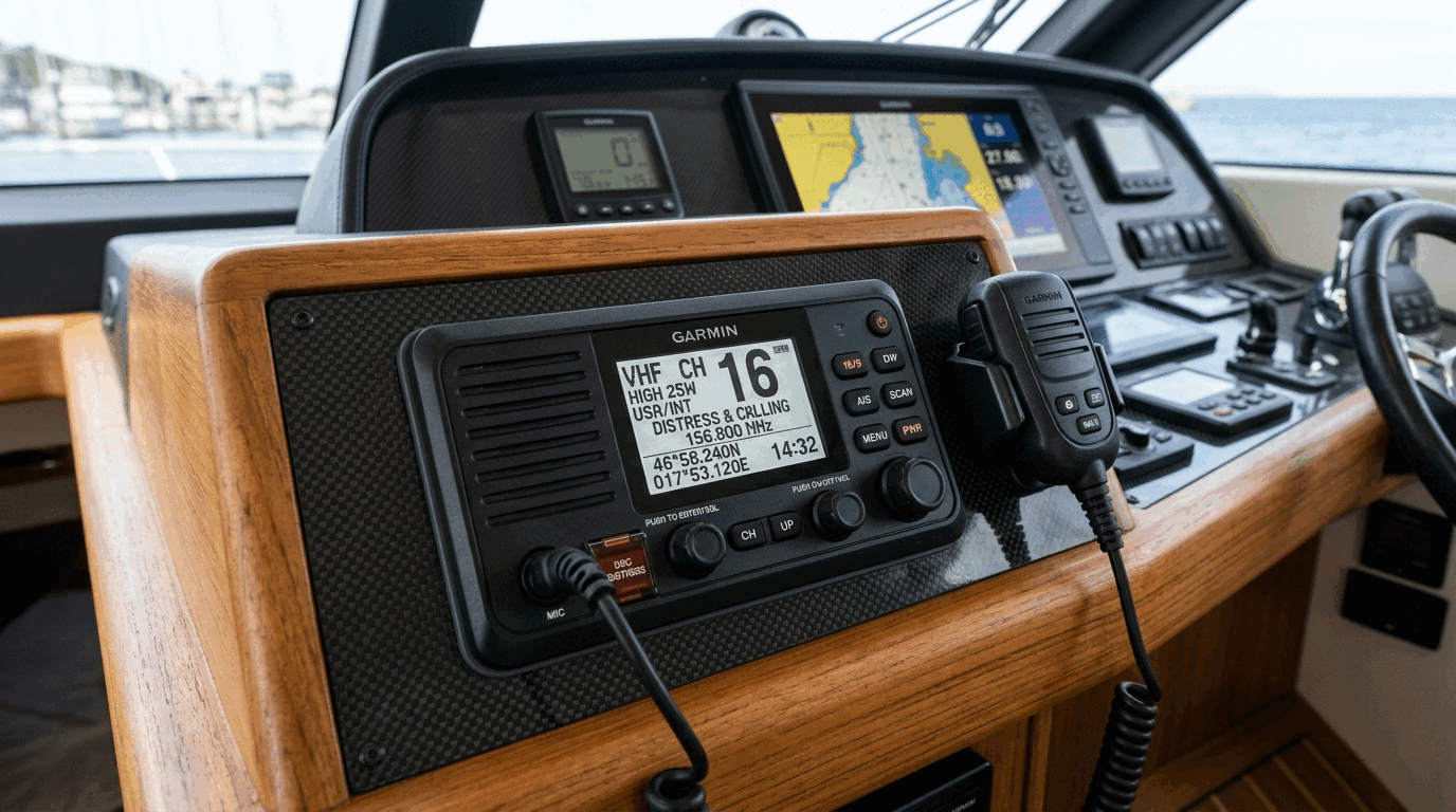 Garmin VHF hajófedélzeti beépített rádió előlap kezelőszervekkel
